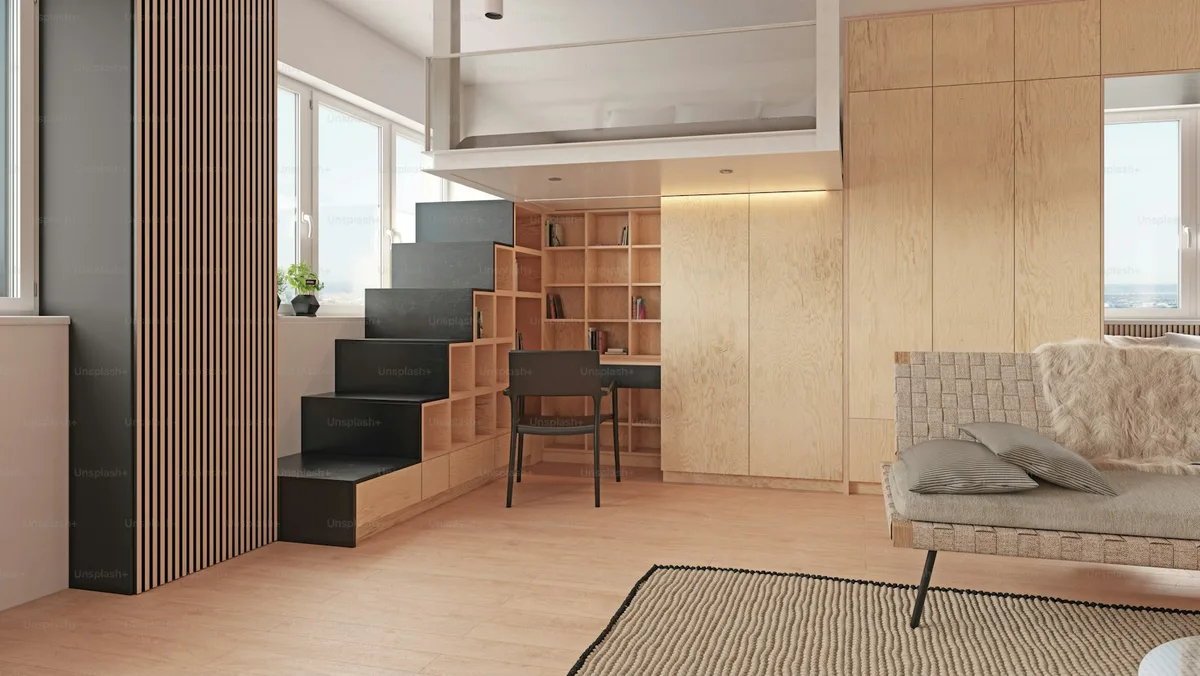Tall open shelving and floating shelves lining the wall of a compact bedroom