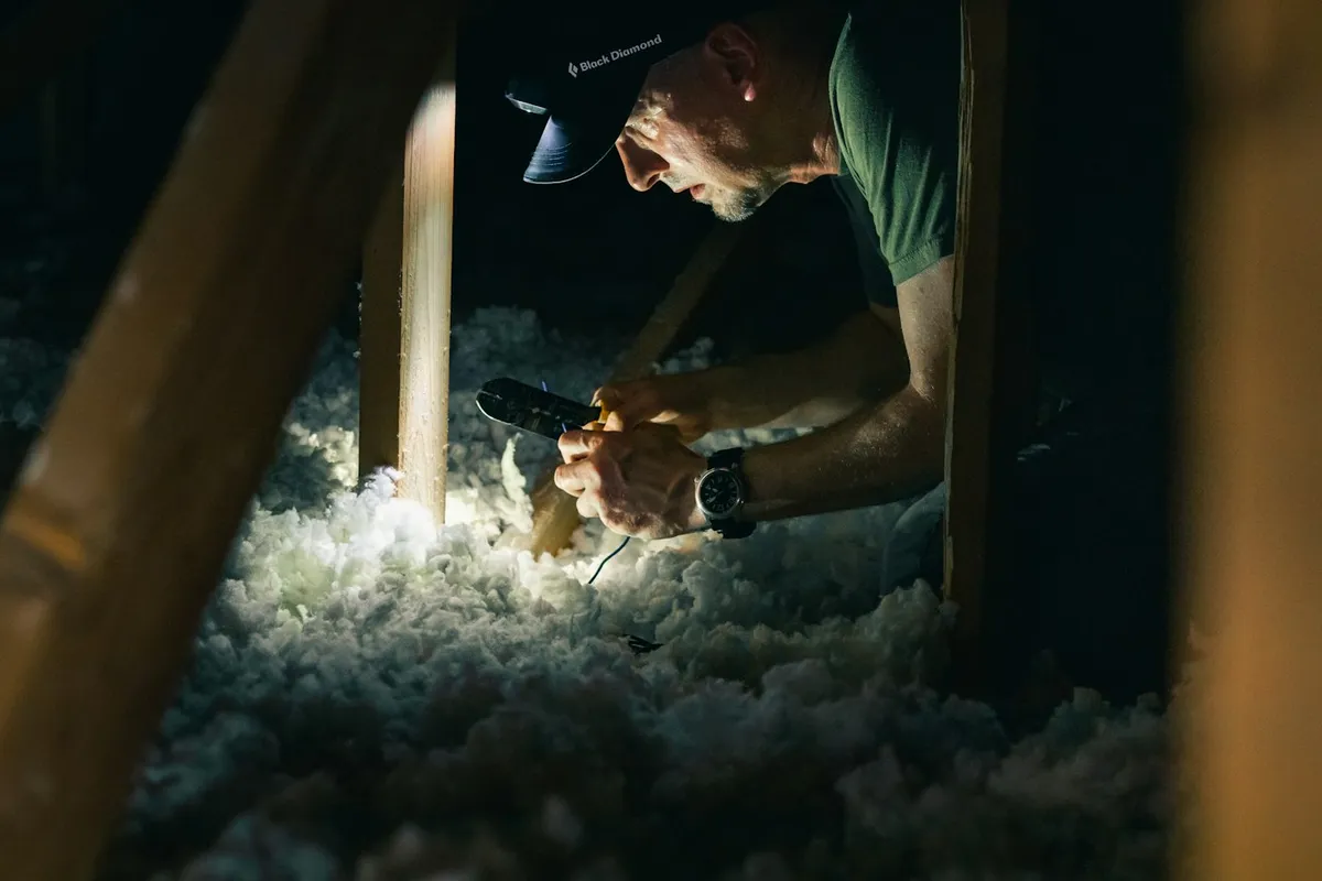 A man working by headlamp in the dark roof space of a house