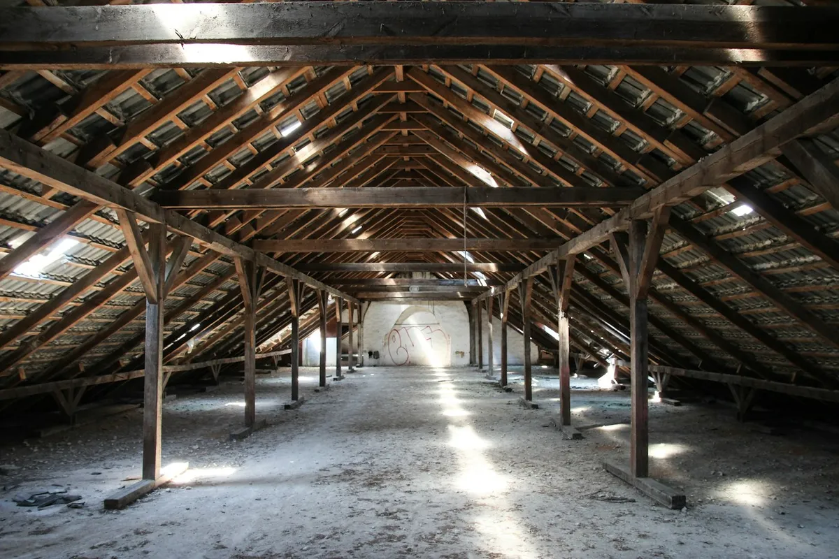 Bare roof timbers and sheathing inside an empty unfinished loft