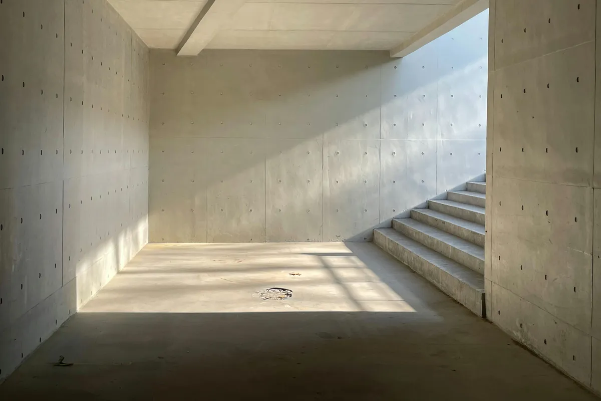 Empty room with bare concrete walls and a concrete stair