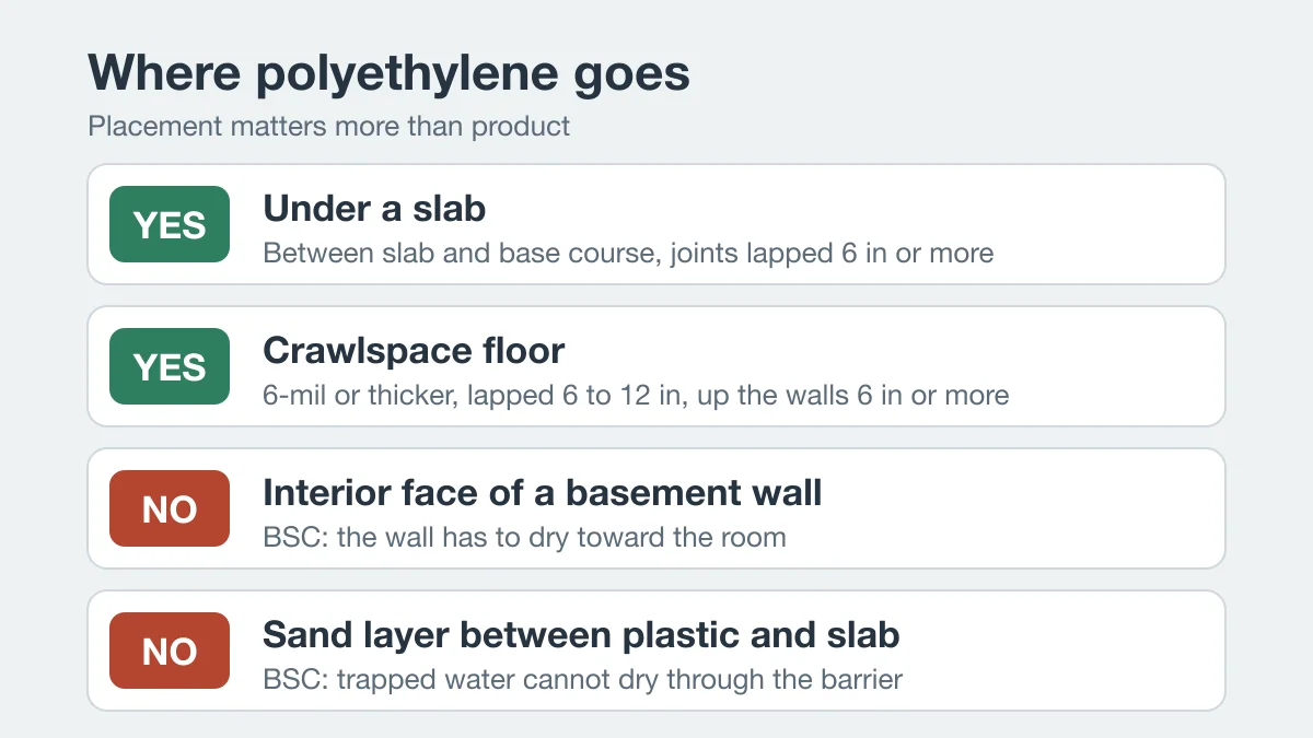 Chart of where polyethylene belongs: under slab and crawlspace floor yes, interior wall face no