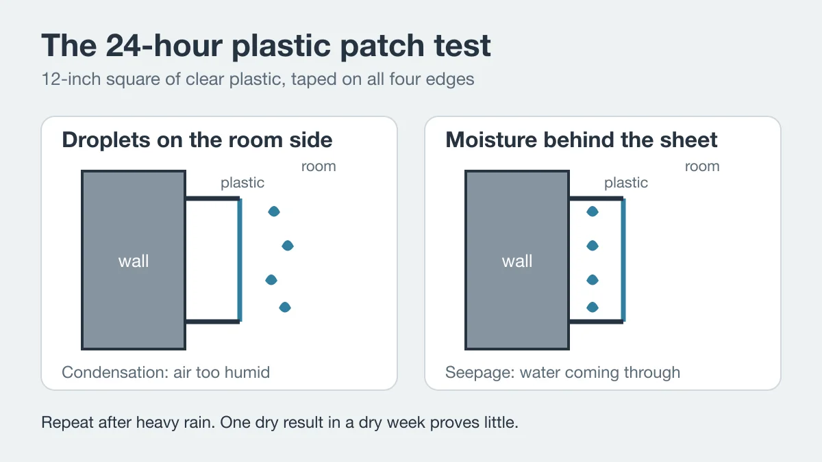 Diagram of the plastic sheet test showing condensation on the room side versus seepage behind the sheet