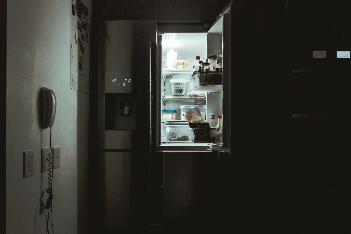 Silver french door refrigerator standing against a plain wall