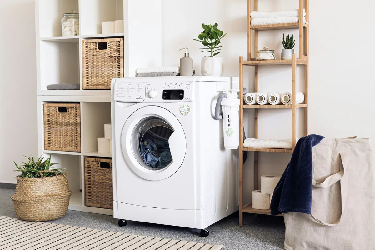 White front loading washing machine seen straight on