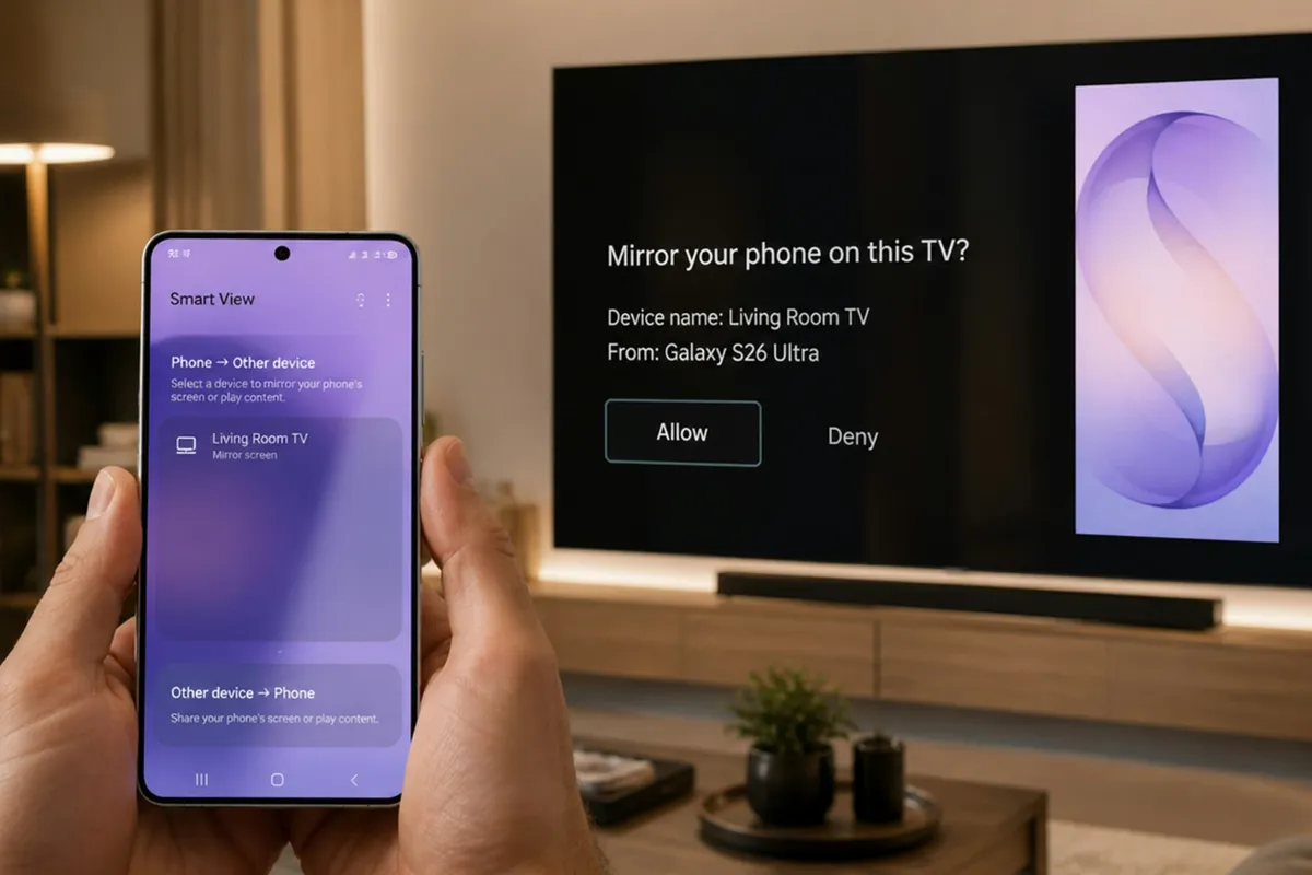 Person holding a phone in front of a large screen in a living room