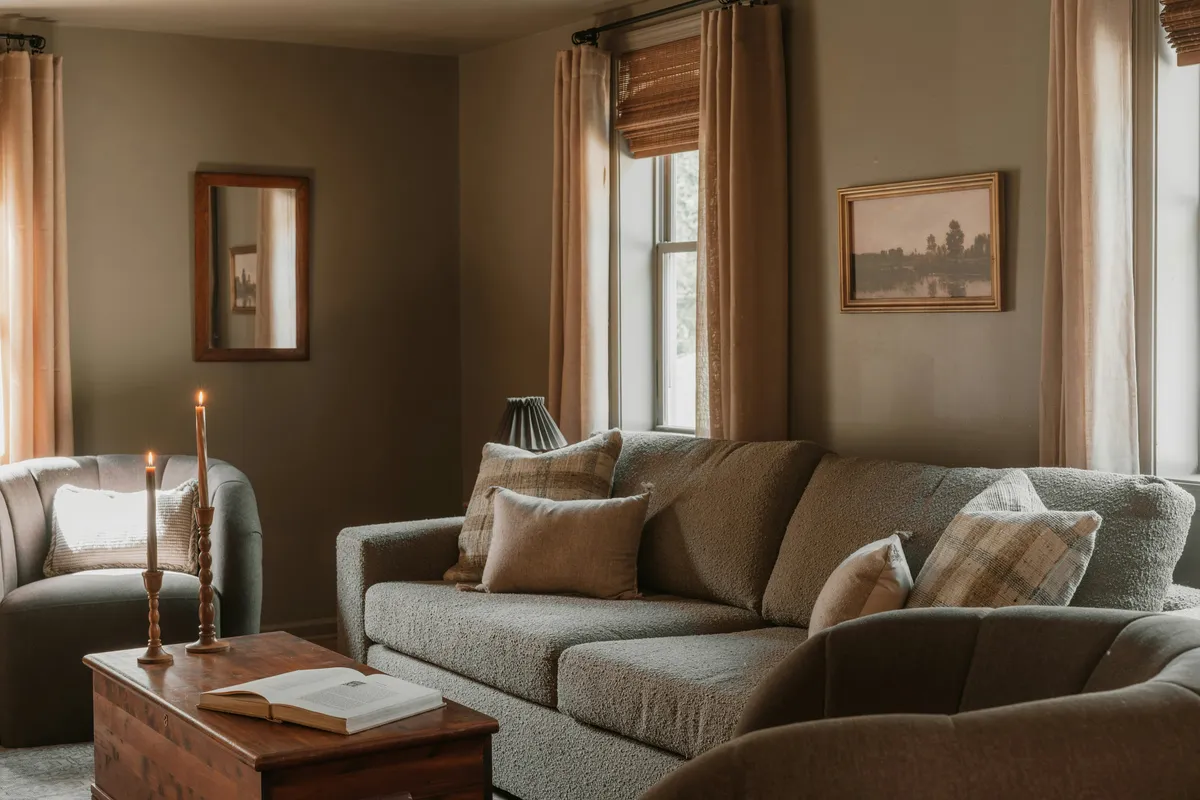 Cosy living room with a sofa and armchair in neutral tones