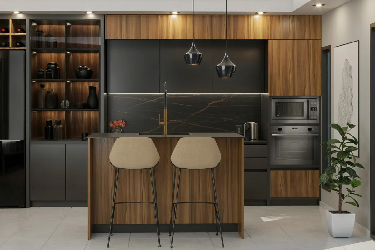 Modern kitchen with an island and a row of bar stools
